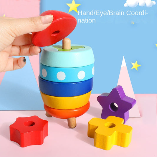 Wooden Rocket Stacked Children's Shape Matching Cognitive Geometry Toy Rainbow Tower Circle Stacked