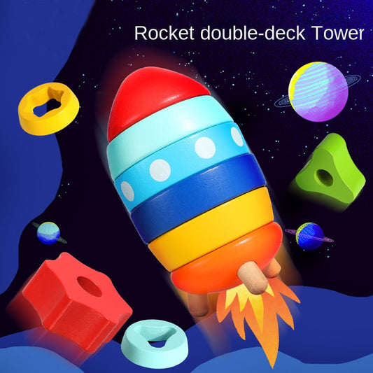 Wooden Rocket Stacked Children's Shape Matching Cognitive Geometry Toy Rainbow Tower Circle Stacked