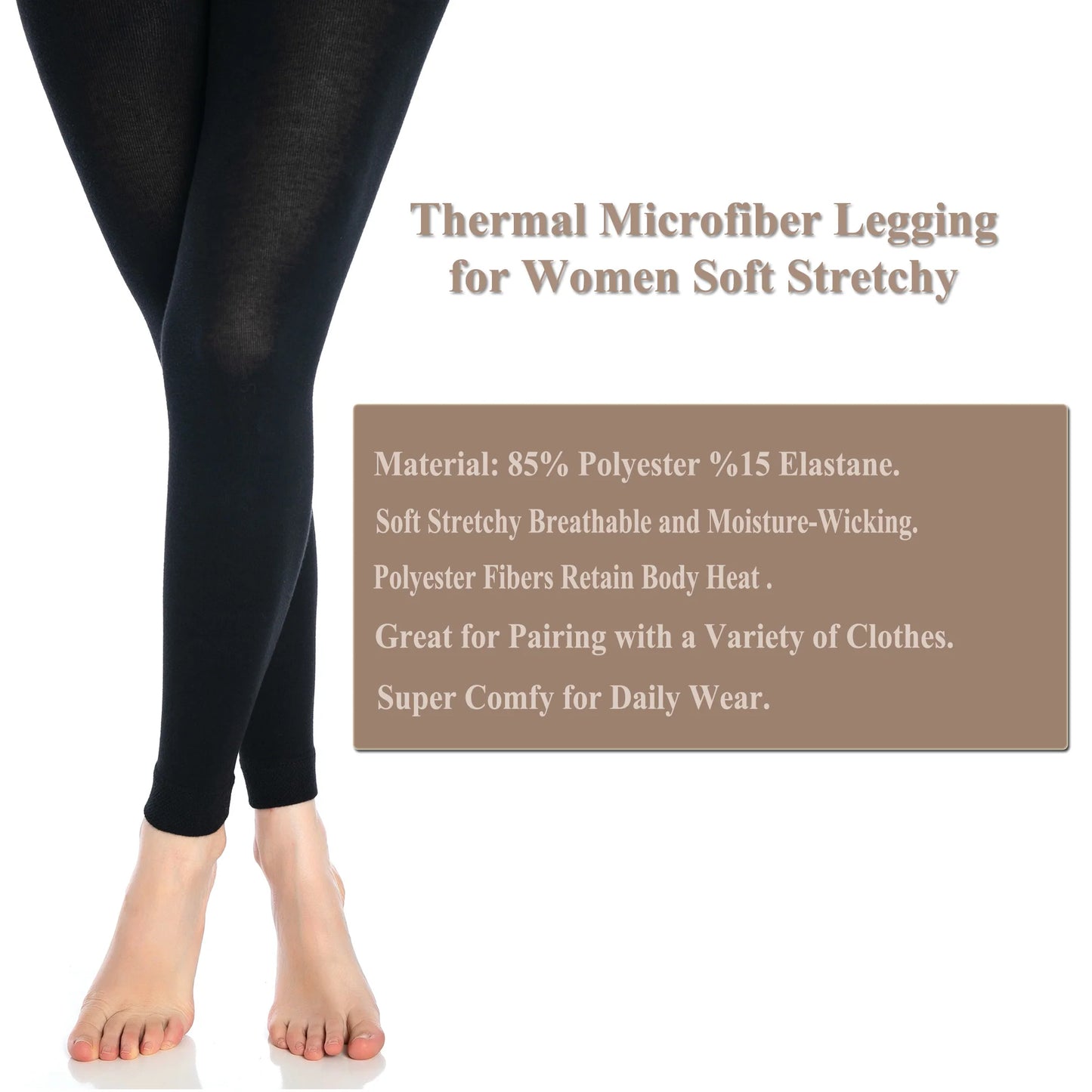 1 Pack - Black Thermal Leggings for Women Microfiber Soft Stretchy Full Winter Warm Tight Leggings