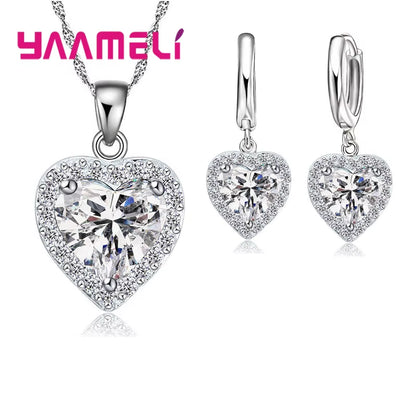 Trendy 925 Sterling Silver Jewelry Set for Women Bridal Wedding Heart Austrian Crystal Necklaces Earrings Set Valentine Day