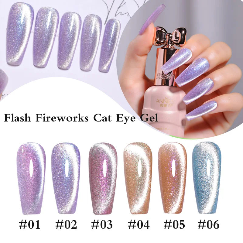 Reflective Cat Eye Gel Nail Polish Magnetic,Semi Permanent Crystal Cat's Eye 6-Color Set