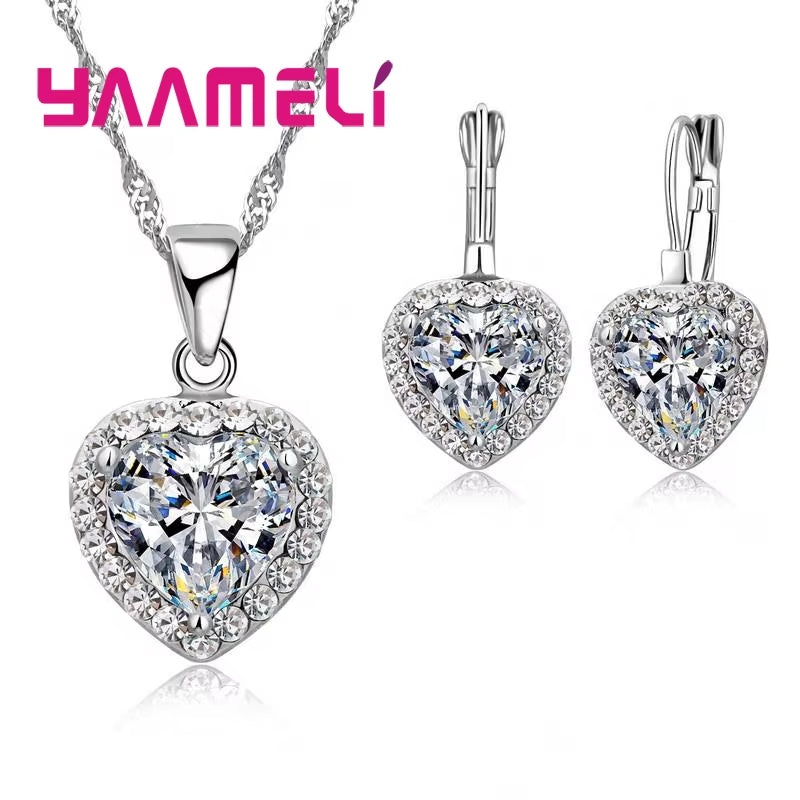 Trendy 925 Sterling Silver Jewelry Set for Women Bridal Wedding Heart Austrian Crystal Necklaces Earrings Set Valentine Day