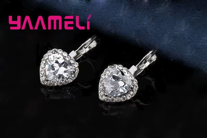 Trendy 925 Sterling Silver Jewelry Set for Women Bridal Wedding Heart Austrian Crystal Necklaces Earrings Set Valentine Day